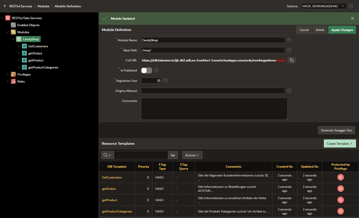 APEX-Oberfläche: Modul-Definition unter RESTful Data Services mit Basis-Pfad /mcp/ und den Resource Templates GetCustomers, getOrders, getProduct und getProductCategories samt beschreibenden Kommentaren