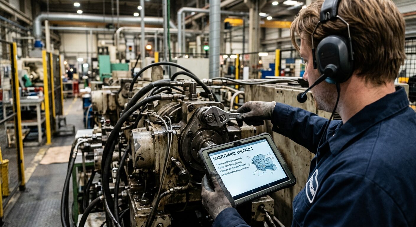 Techniker mit Headset repariert eine Maschine in einer Fabrikhalle und hält ein Tablet mit Wartungs-Checkliste